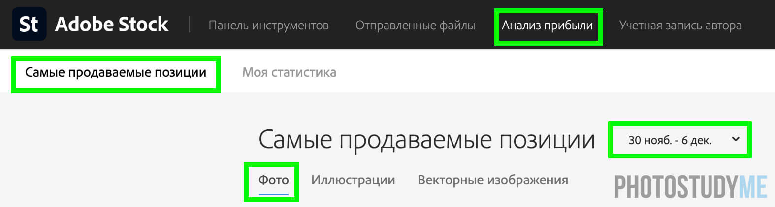 кабинет автора Adobe Stock для просмотра топа продаж