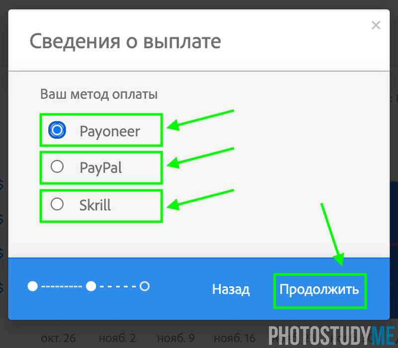 выбор платежной системы Payoneer, paypal или skrill при запросе денег с Adobe Stock