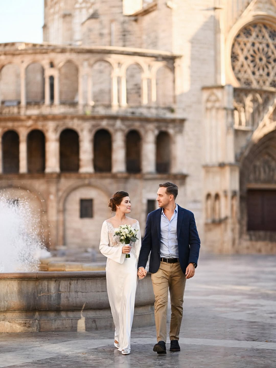 A cinematic wide shot of a wedding couple at Plaza de la Virgen in Valencia. Authentic movement and sophisticated editorial style in the heart of the city